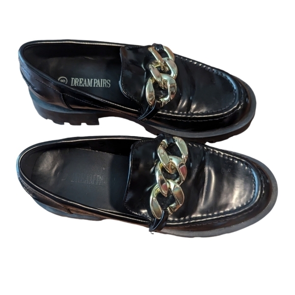 Lug chunky Grandpa Core Gold Chain Indie Sleaze black patent slipon loafers sz 8 - Picture 2 of 7